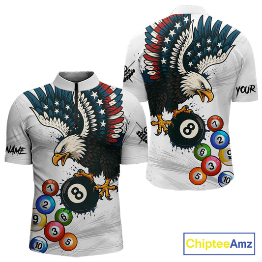 American Flag Eagle 8 Ball Pool Billiard Shirt For Men Custom Billiard Team Jersey Polo & 1/4 Zip TDM5550