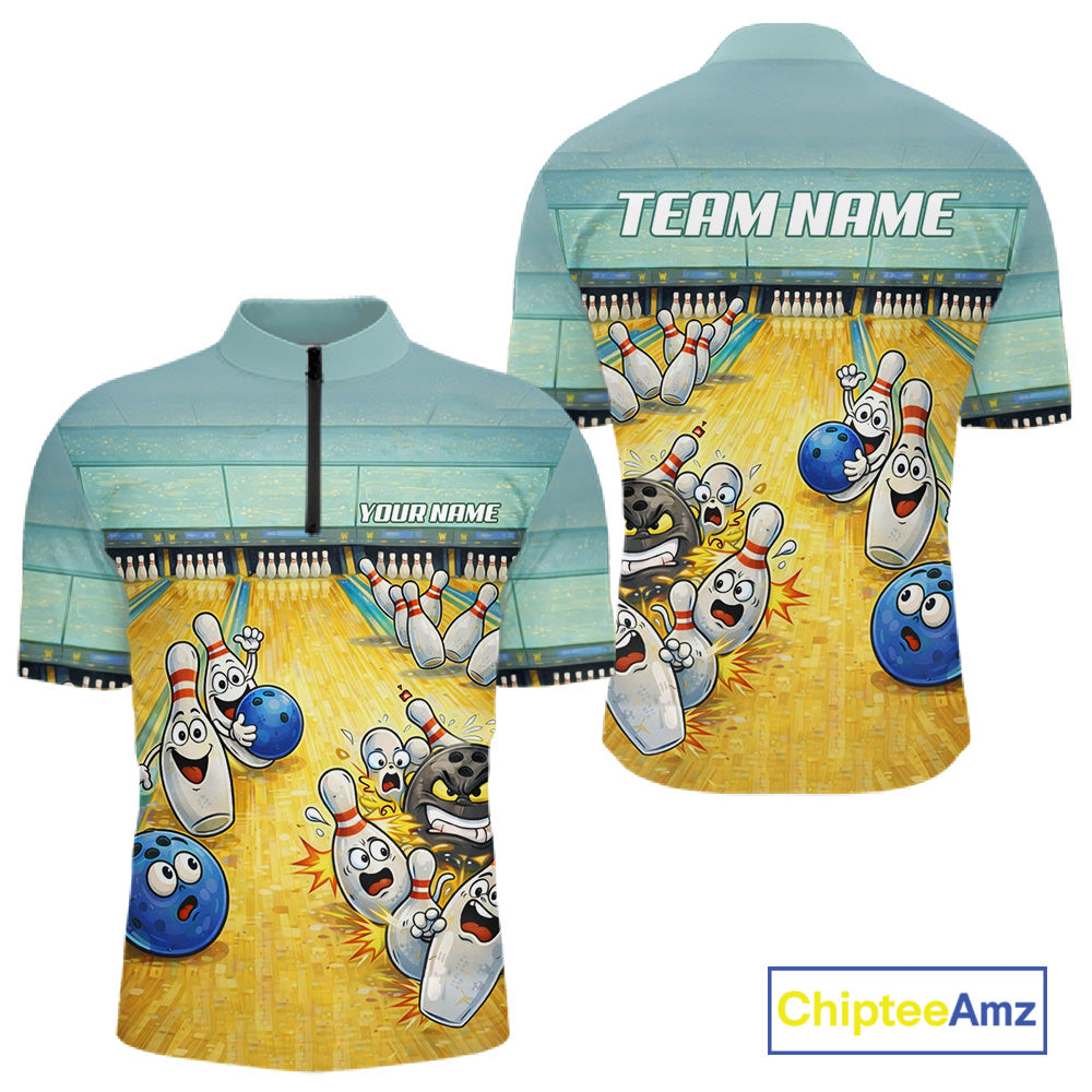 Funny Strike Bowling Polo & Quarter Zip For Men Custom Bowling Team Jersey, Bowling Outfit TDM6168