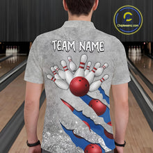 Load image into Gallery viewer, Back view of man wearing a blue grunge scratch bowling polo shirt, custom bowling team jersey design.