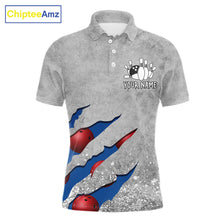 Load image into Gallery viewer, Blue grunge scratch bowling team polo shirt for men with custom league and tournament graphics.