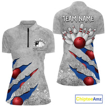 Load image into Gallery viewer, Blue grunge scratch quarter zip bowling shirt for women, custom bowling team jersey and tournament apparel.