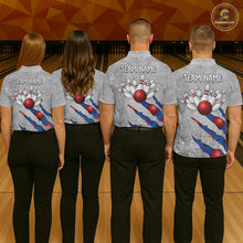 Load image into Gallery viewer, Back view of bowling team wearing matching blue bowling league jerseys.