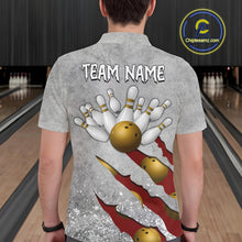 Load image into Gallery viewer, Back view of man wearing a red grunge scratch bowling polo shirt, custom bowling team jersey design.