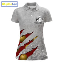 Load image into Gallery viewer, Red grunge scratch bowling team polo shirt for women with custom league and tournament graphics.