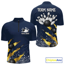 Load image into Gallery viewer, Navy blue and gold grunge scratch quarter zip bowling shirt for men, custom bowling team jersey and tournament apparel.