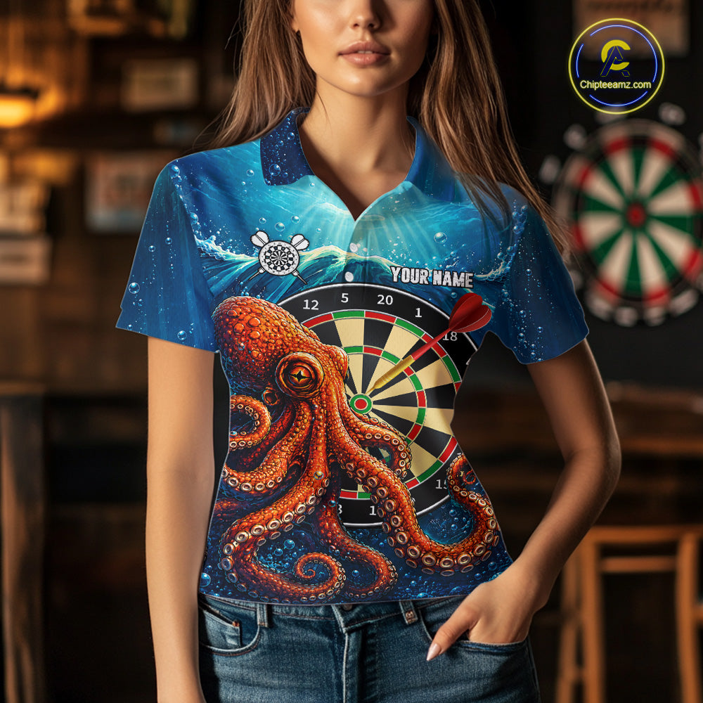 Woman Wearing Personalized Blue Funny Ocean Octopus Darts Polo Shirt with Athletic Performance Fit and Vibrant Ocean Inspired Graphic Artwork, Front View