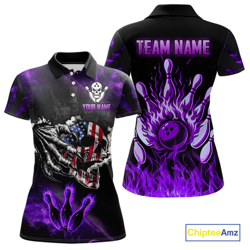 Purple Flaming American Flag Skull Bowling Shirt For Women Custom Fire Bowling Team Jersey TDM4657
