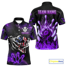 Load image into Gallery viewer, Purple Flaming American Flag Skull Bowling Shirt For Men Custom Fire Bowling Team Jersey TDM4657
