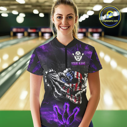 Purple Flaming American Flag Skull Bowling Shirt For Women Custom Fire Bowling Team Jersey TDM4657
