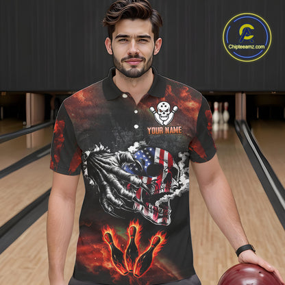 Red Flaming American Flag Skull Bowling Shirt For Men Custom Fire Bowling Team Jersey TDM4658
