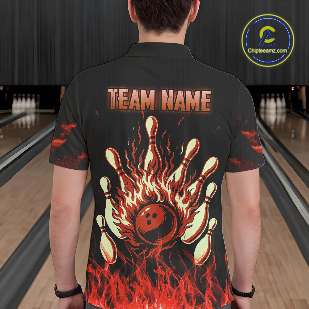 Red Flaming American Flag Skull Bowling Shirt For Men Custom Fire Bowling Team Jersey TDM4658