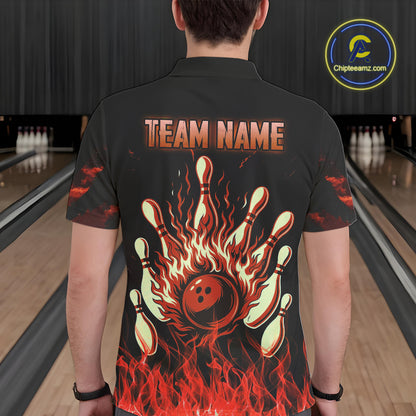 Red Flaming American Flag Skull Bowling Shirt For Men Custom Fire Bowling Team Jersey TDM4658