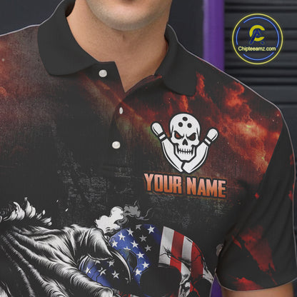 Red Flaming American Flag Skull Bowling Shirt For Men Custom Fire Bowling Team Jersey TDM4658