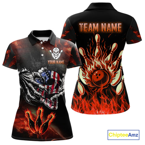Red Flaming American Flag Skull Bowling Shirt For Women Custom Fire Bowling Team Jersey TDM4658