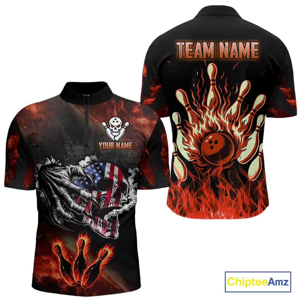 Red Flaming American Flag Skull Bowling Shirt For Men Custom Fire Bowling Team Jersey TDM4658