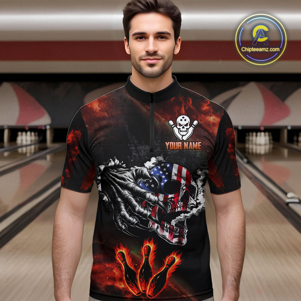 Red Flaming American Flag Skull Bowling Shirt For Men Custom Fire Bowling Team Jersey TDM4658