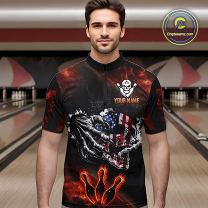 Red Flaming American Flag Skull Bowling Shirt For Men Custom Fire Bowling Team Jersey TDM4658