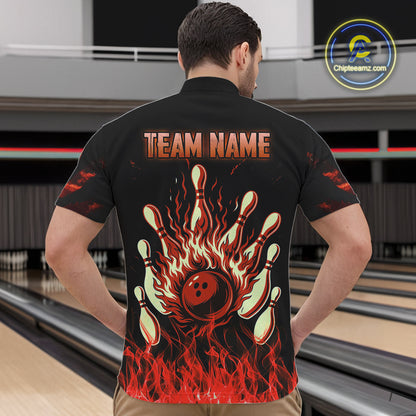 Red Flaming American Flag Skull Bowling Shirt For Men Custom Fire Bowling Team Jersey TDM4658