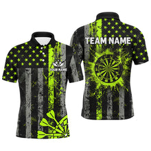 Load image into Gallery viewer, Custom Green Neon Grunge US Flag Patriotic Dart Shirt For Men, Retro Darts Board Darts Team Jersey TDM2576