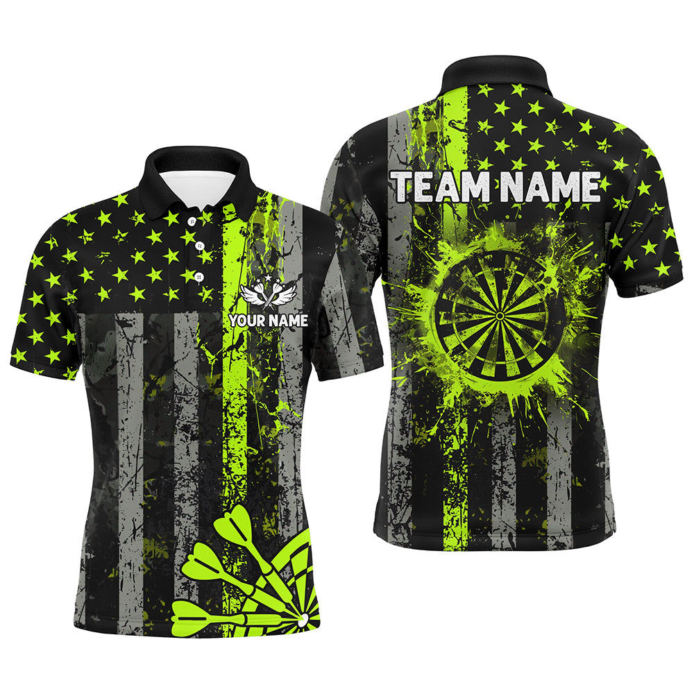 Custom Green Neon Grunge US Flag Patriotic Dart Shirt For Men, Retro Darts Board Darts Team Jersey TDM2576