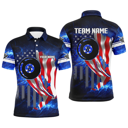 American Flag Blue Galaxy Personalized Men Billiard Polo Shirts, 8 Ball Pool Team League Shirts TDM0991