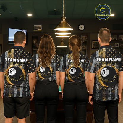 Custom Golden Grunge US Flag Patriotic Men's Billiard Shirt, 8 Ball Pool Jersey Polo & 1/4 Zip TDM6176