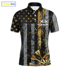 Load image into Gallery viewer, Custom Golden Grunge US Flag Patriotic Darts Shirt For Men, Retro Darts Team Jersey Polo &amp; 1/4 Zip TDM6177