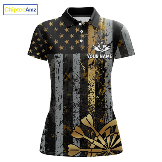 Custom Golden Grunge US Flag Patriotic Darts Shirt For Women, Retro Darts Team Jersey Polo & 1/4 Zip TDM6177