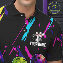 Load image into Gallery viewer, Black bowling polo shirt with colorful designs and a turtle graphic, featuring 'Your Name' text, on a dark background.
