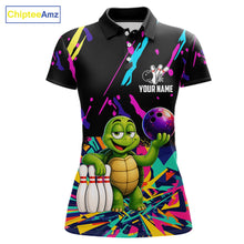 Load image into Gallery viewer, Colorful bowling polo shirt with turtle design and customizable your name &amp; team name