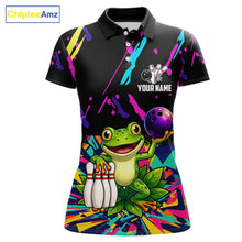 Load image into Gallery viewer, Colorful bowling polo shirt with frog design and customizable your name &amp; team name