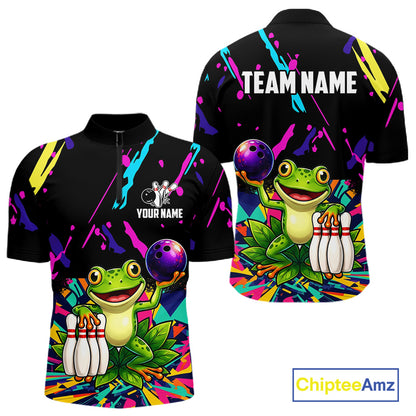 Colorful bowling quarter zip shirt with  frog design and customizable your name & team name