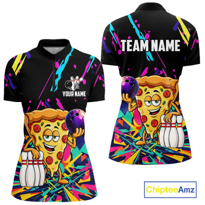 Colorful bowling quarter zip shirt with pizza design and customizable your name & team name