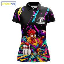 Load image into Gallery viewer, Colorful bowling polo shirt with chicken design and customizable your name &amp; team name