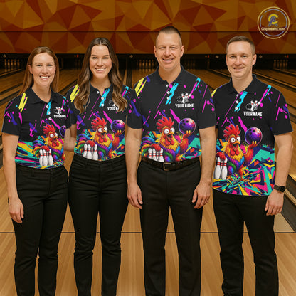 Four people wearing matching bowling-themed shirts with  chicken graphic in a bowling alley.