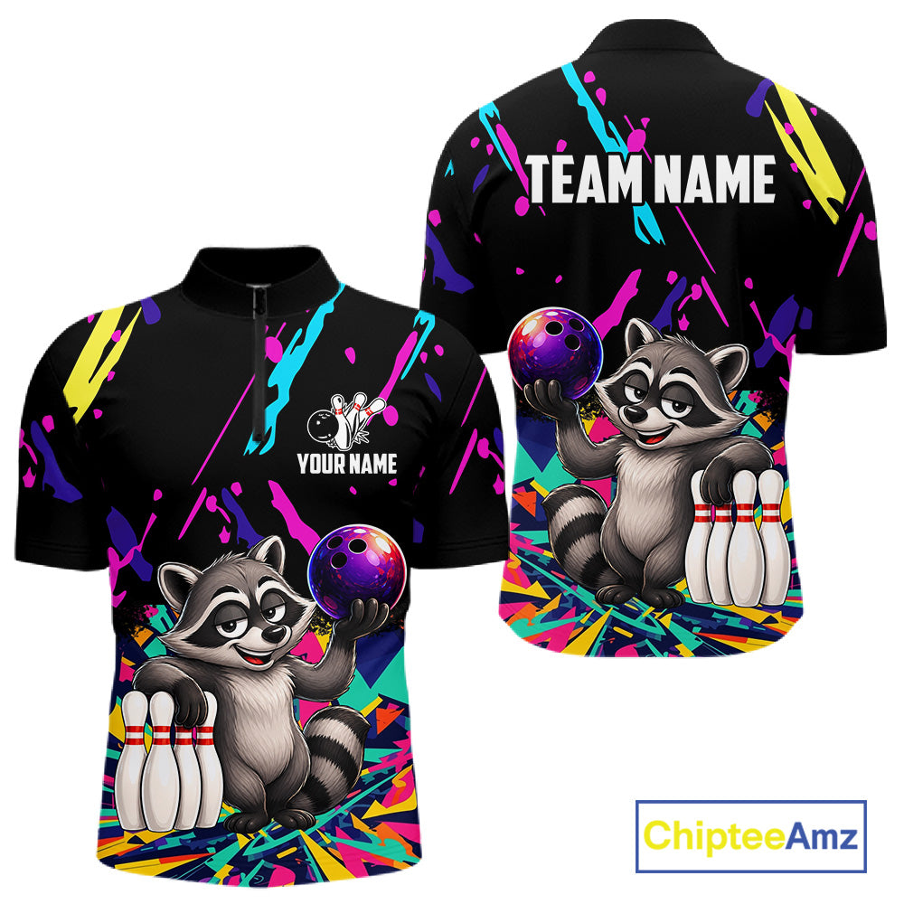 Colorful bowling quarter zip shirt with raccoon design and customizable your name & team name