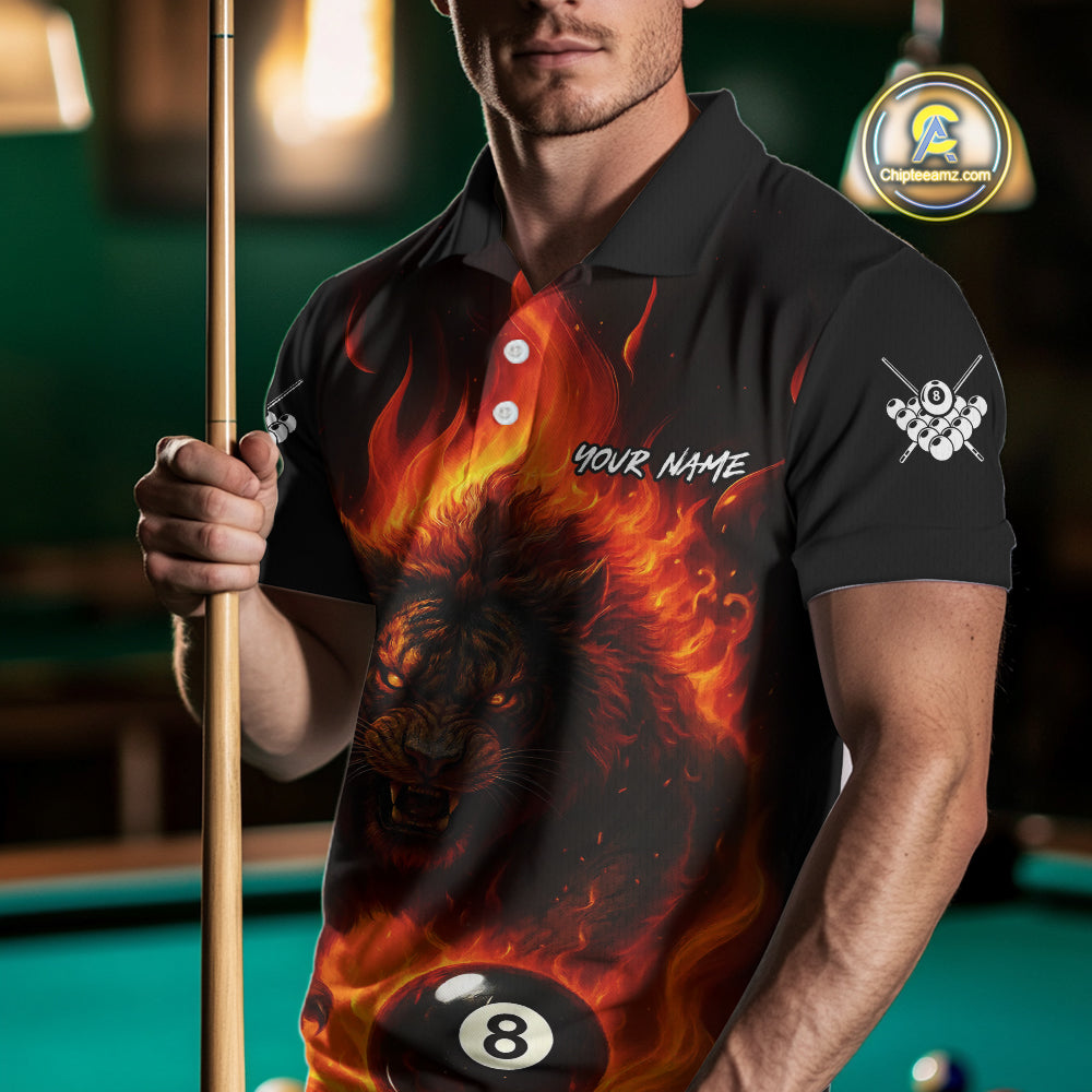 Orange Flaming Lion 8 Ball Billiard Shirts For Men Custom Fire Billiard Team Jersey Polo & 1/4 Zip TDM5305