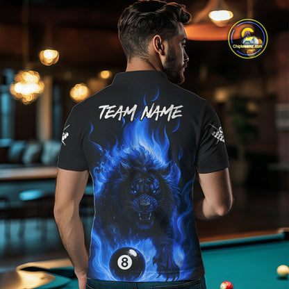 Blue Flaming Lion 8 Ball Billiard Shirts For Men Custom Fire Billiard Team Jersey Polo & 1/4 Zip TDM5306