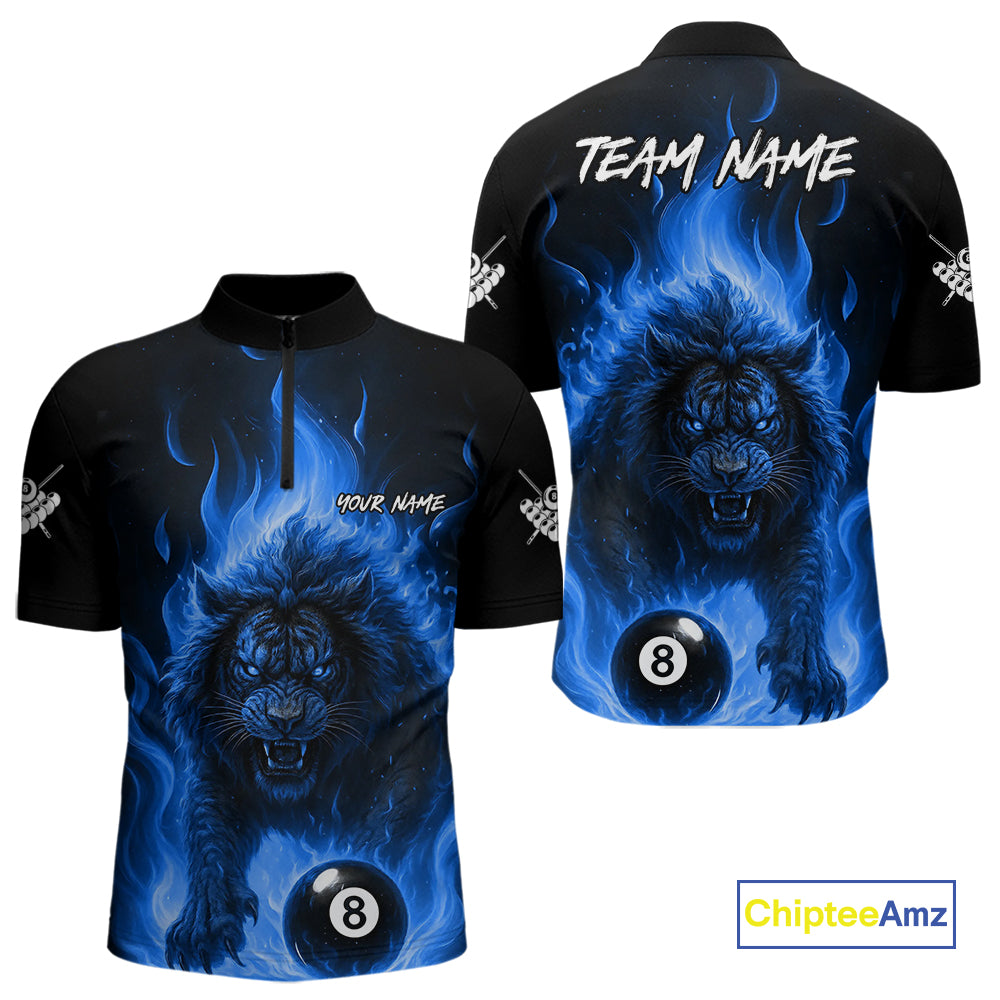 Blue Flaming Lion 8 Ball Billiard Shirts For Men Custom Fire Billiard Team Jersey Polo & 1/4 Zip TDM5306