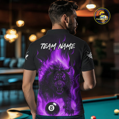 Purple Flaming Lion 8 Ball Billiard Shirts For Men Custom Fire Billiard Team Jersey Polo & 1/4 Zip TDM5307