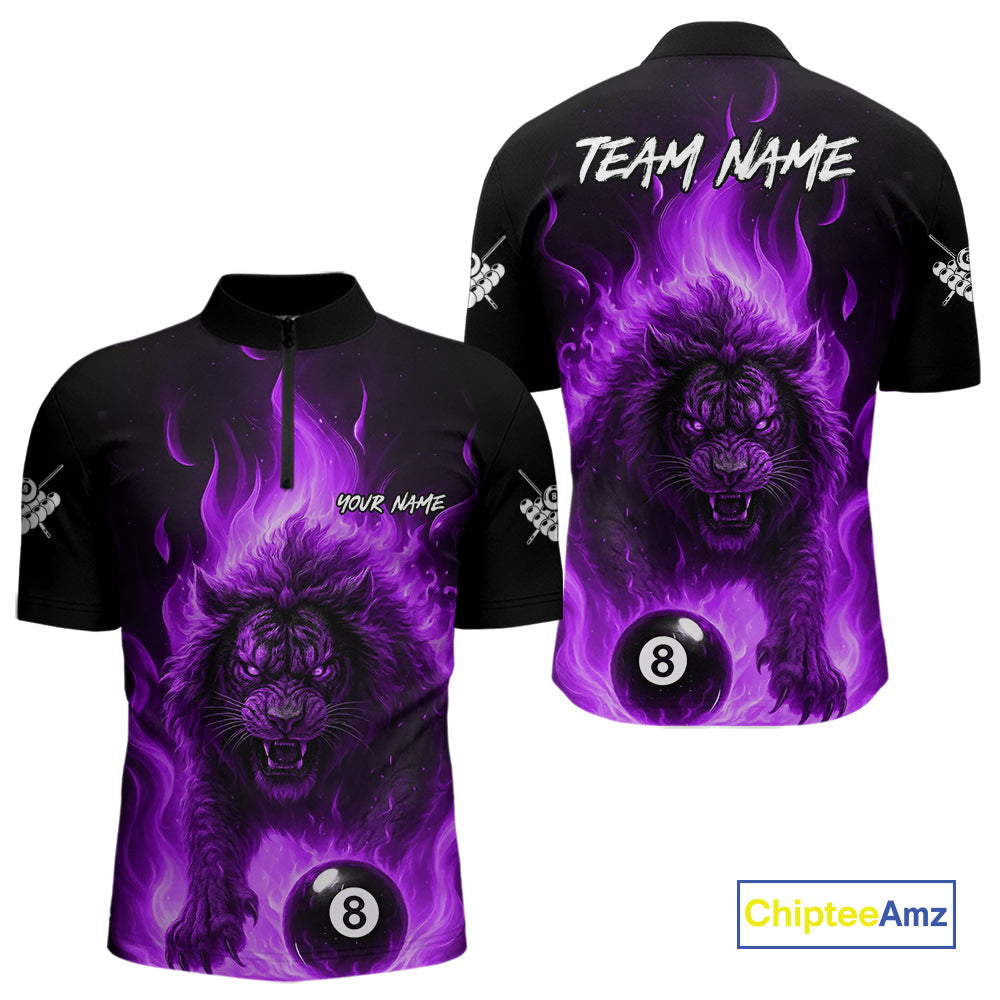 Purple Flaming Lion 8 Ball Billiard Shirts For Men Custom Fire Billiard Team Jersey Polo & 1/4 Zip TDM5307