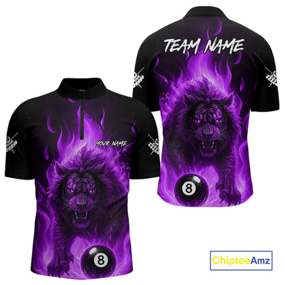 Purple Flaming Lion 8 Ball Billiard Shirts For Men Custom Fire Billiard Team Jersey Polo & 1/4 Zip TDM5307