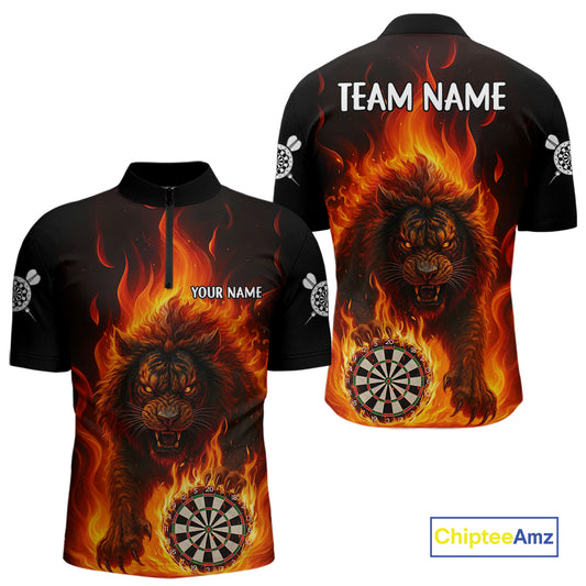 Orange Flaming Lion Darts Shirts For Men Custom Fire Darts League Jersey Team Polo & 1/4 Zip TDM5308
