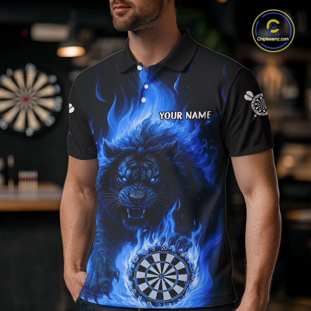 Blue Flaming Lion Darts Shirts For Men Custom Fire Darts League Jersey Team Polo & 1/4 Zip TDM5309