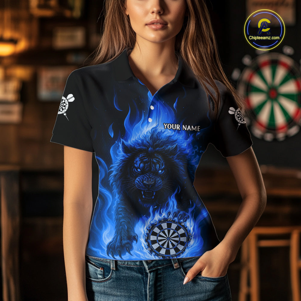 Blue Flaming Lion Darts Shirts For Women Custom Fire Darts League Jersey Team Polo & 1/4 Zip TDM5309