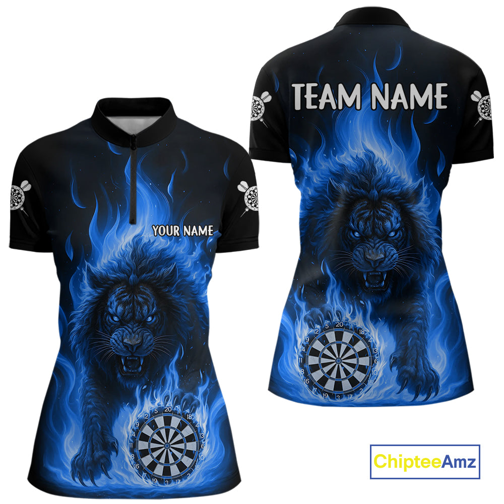 Blue Flaming Lion Darts Shirts For Women Custom Fire Darts League Jersey Team Polo & 1/4 Zip TDM5309