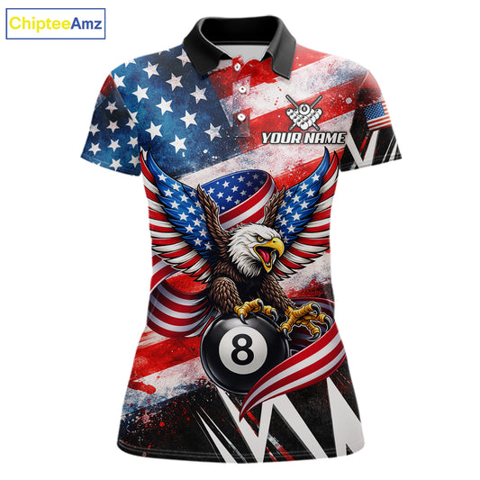 Custom American Flag Eagle Billiard Shirt For Women, Patriotic 8 Ball Pool Team Jersey Polo, 1/4 Zip TDM6181