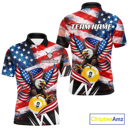 Custom American Flag Eagle Billiard Shirt For Men, Patriotic 9 Ball Pool Team Jersey Polo, 1/4 Zip TDM6182