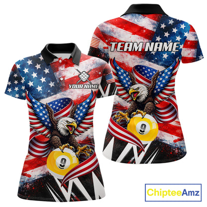 Custom American Flag Eagle Billiard Shirt For Women, Patriotic 9 Ball Pool Team Jersey Polo, 1/4 Zip TDM6182