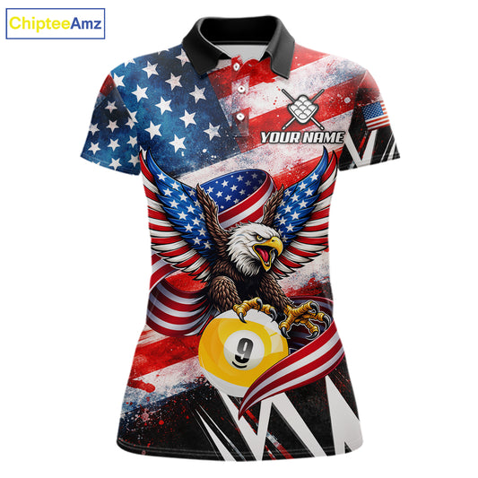 Custom American Flag Eagle Billiard Shirt For Women, Patriotic 9 Ball Pool Team Jersey Polo, 1/4 Zip TDM6182